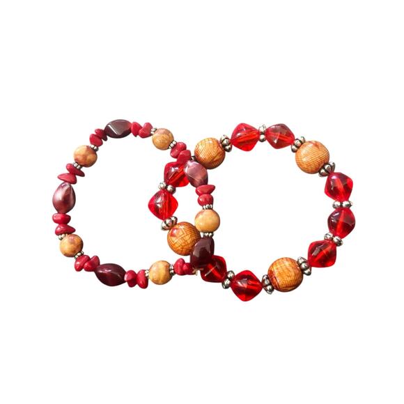 Vintage Red/Orange Beaded Bracelets Fashion Costume Jewelry Set of 2 - Picture 1 of 7